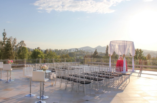 terrace overlooking mountain sunset