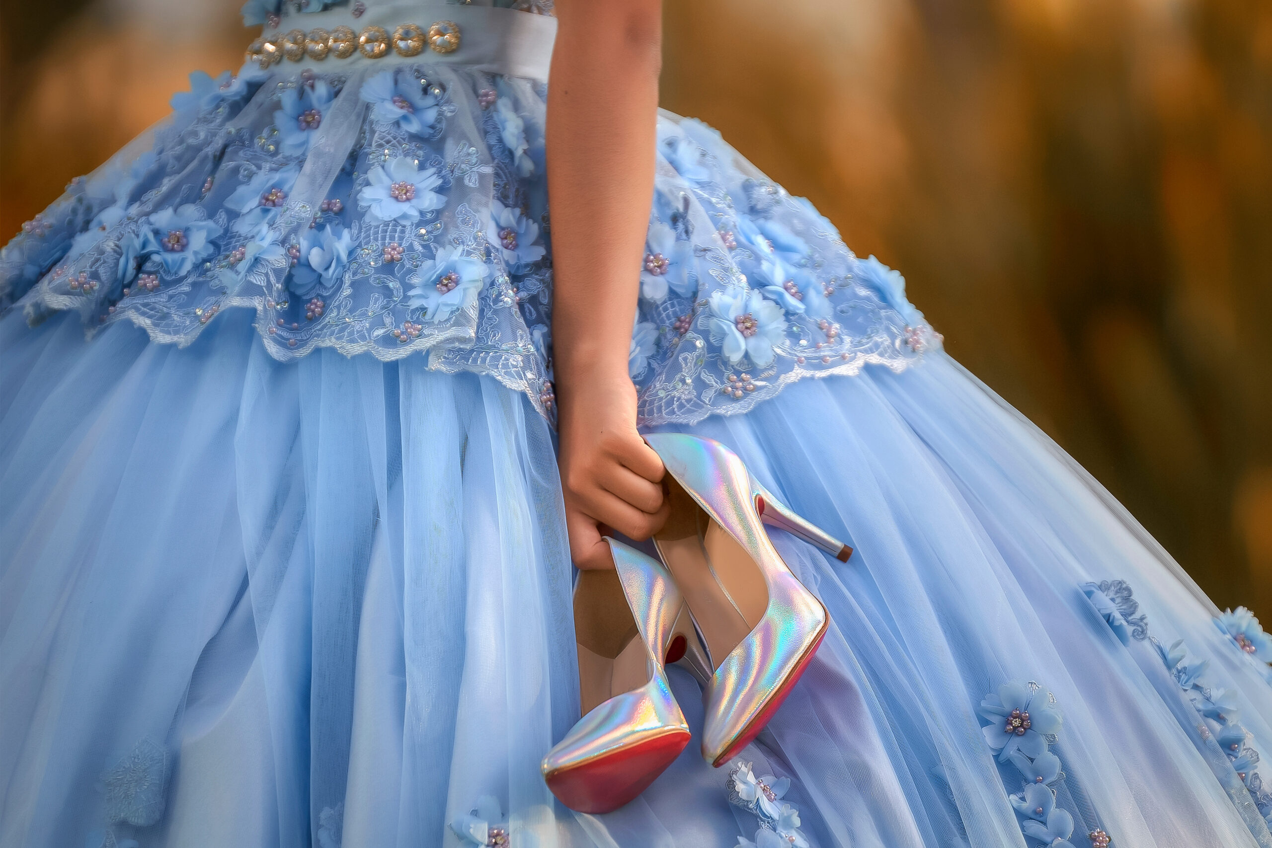 Close up photo of a quinceanera dress for the quinceanera theme of Disney