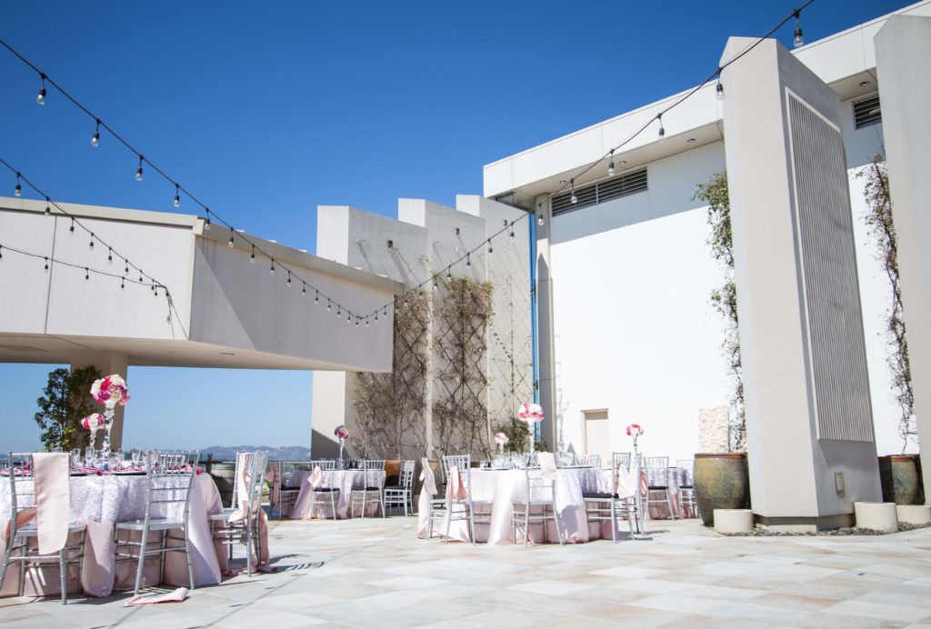 An outdoor wedding venue at The Centre Escondido, decorated with string lights for a beautiful ambiance.