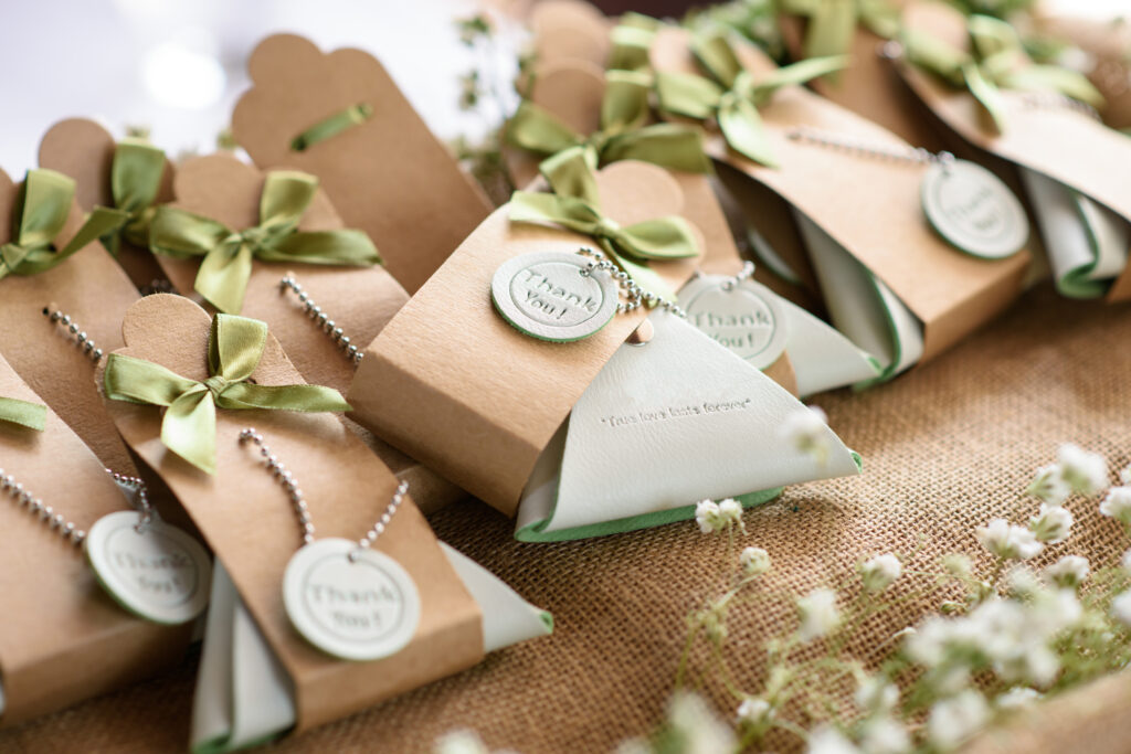 A table with gifts from the bride to her bridal party