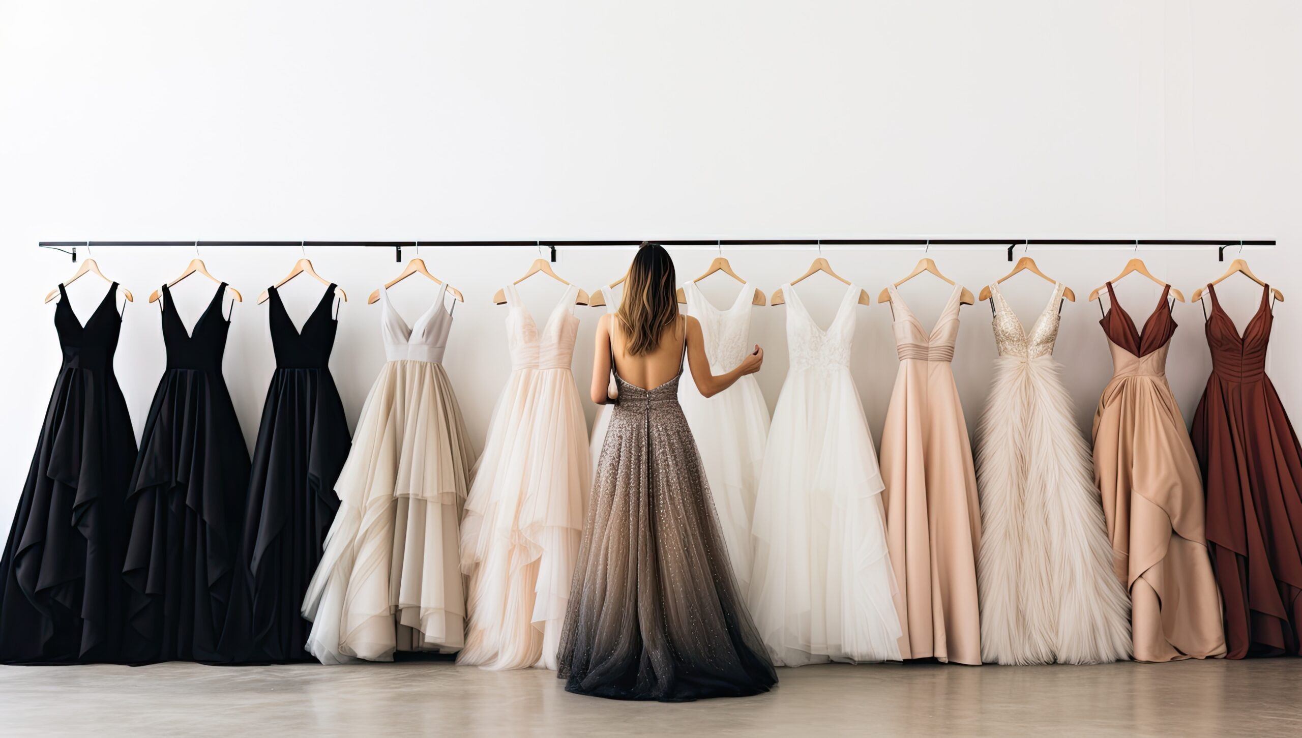 Beautiful young woman choosing a wedding dress in a wedding salon from a range of different colors from black to brown as she follows the 2024 trend of a colored wedding dress.