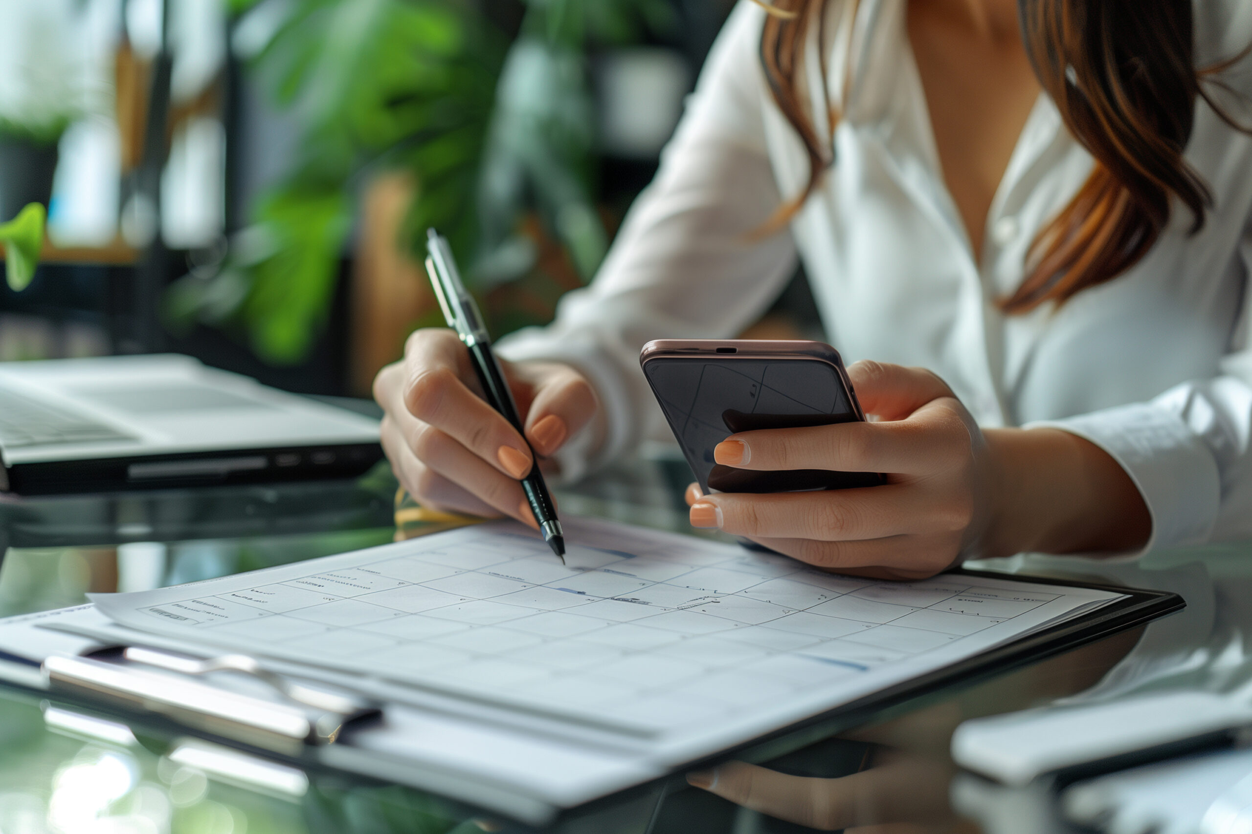 A woman writing down private event dates on a calendar on her desk while looking through her phone