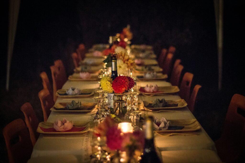 a setup for a murder mystery event dinner.