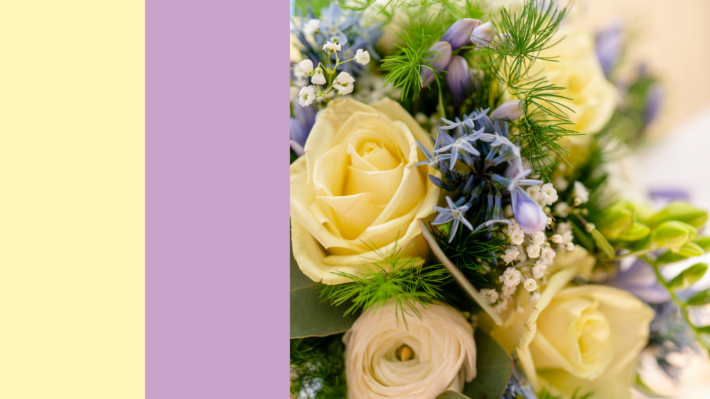 A butter yellow and lilac wedding color palette next to a butter yellow rose bouquet with lilac flowers.