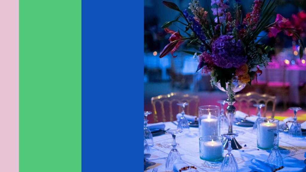 A Jewel tone wedding palette with peacock green, sapphire blue, and a soft pink next to a tablescape under moody lighting with the same colors for 2025 summer wedding trends. 