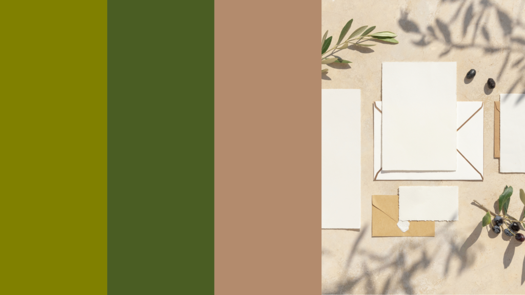 Olive green, moss, and taupe 2025 wedding color palette