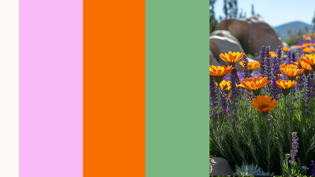 White, lavender, green, and orange wedding color palette inspired by wildflowers