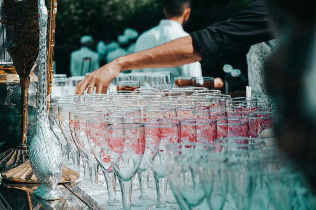 A catering team setting up for a corporate event